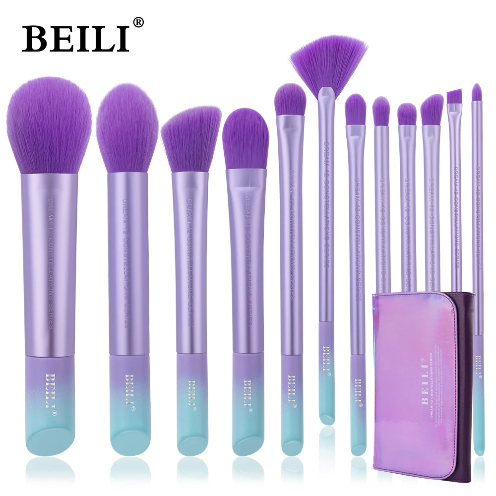 BEILI Purple 12pcs Makeup Brushes Professional Foundation Highlighter Blusher Eyeshadow Make up Brushes Set With Cosmetic Bag