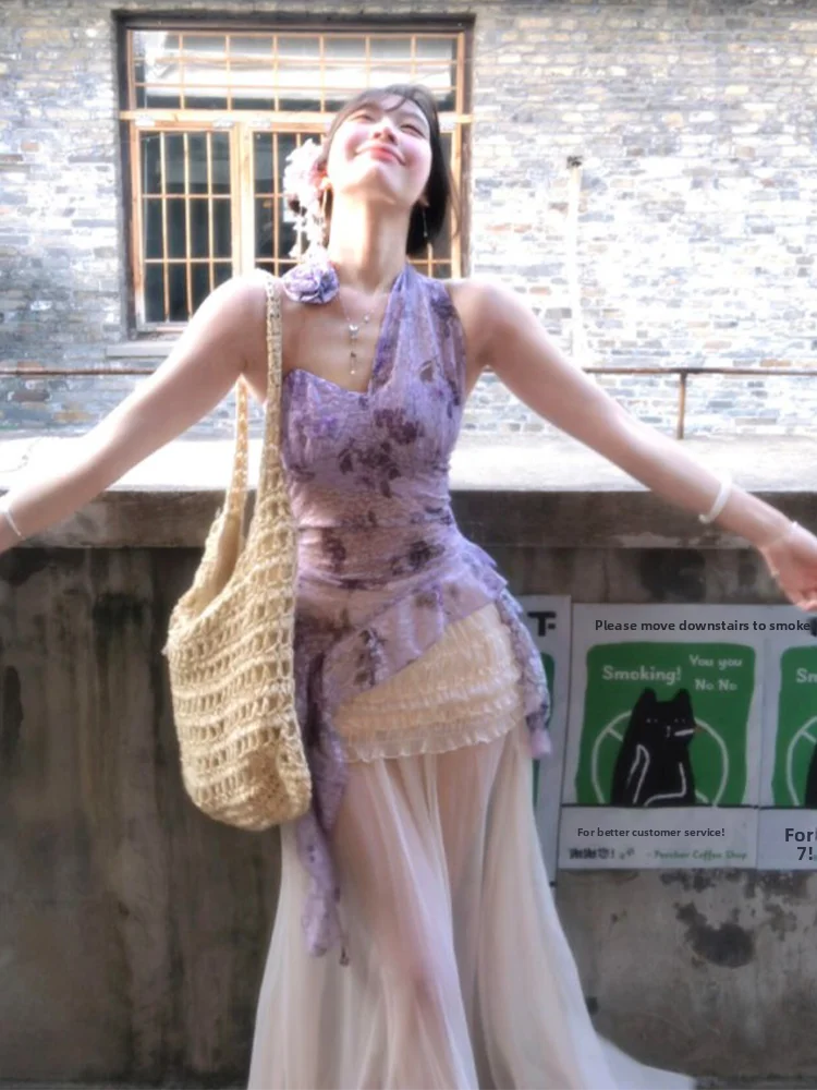 Elegant High Waist Mesh Splice  Skirt Women's Summer Slimming Fairy Skirt Pure Desire Style Polyester Fiber H Type