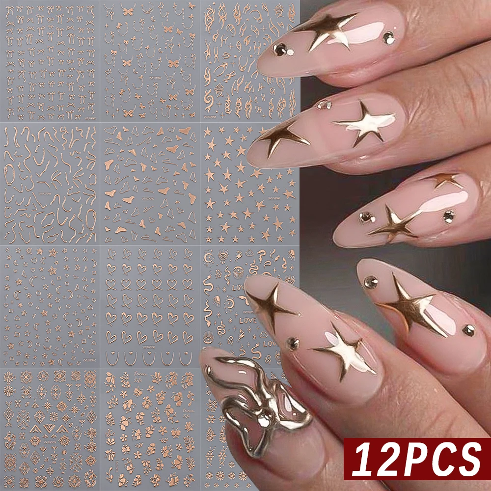 

12Pcs Rose Gold Star Heart Flower Nail Stickers 3D Bronzing Flame Snake Line French Nail Art Decals Bohemia Manicure Slider Deco