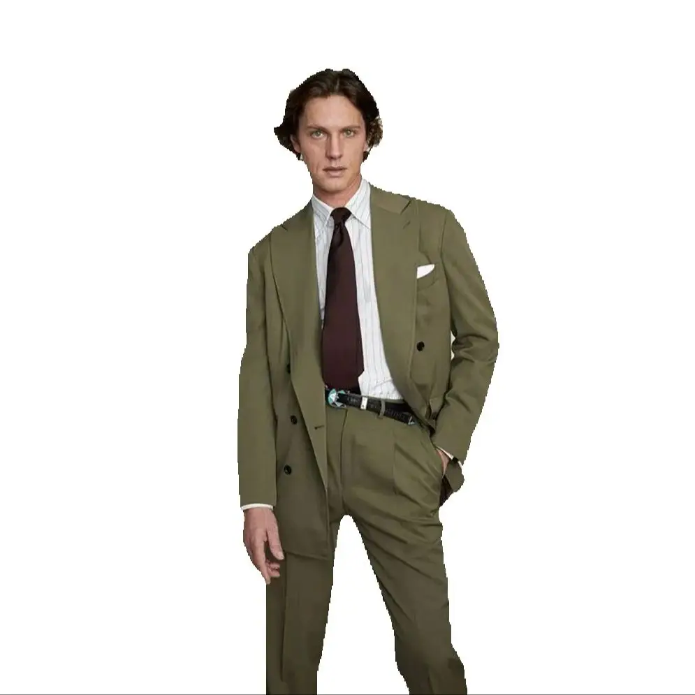 Olive Green Double Breasted Men Suit Two Pieces(Jacket+Pants) Lapel Outfits Chic Casual Party Prom Wedding Set