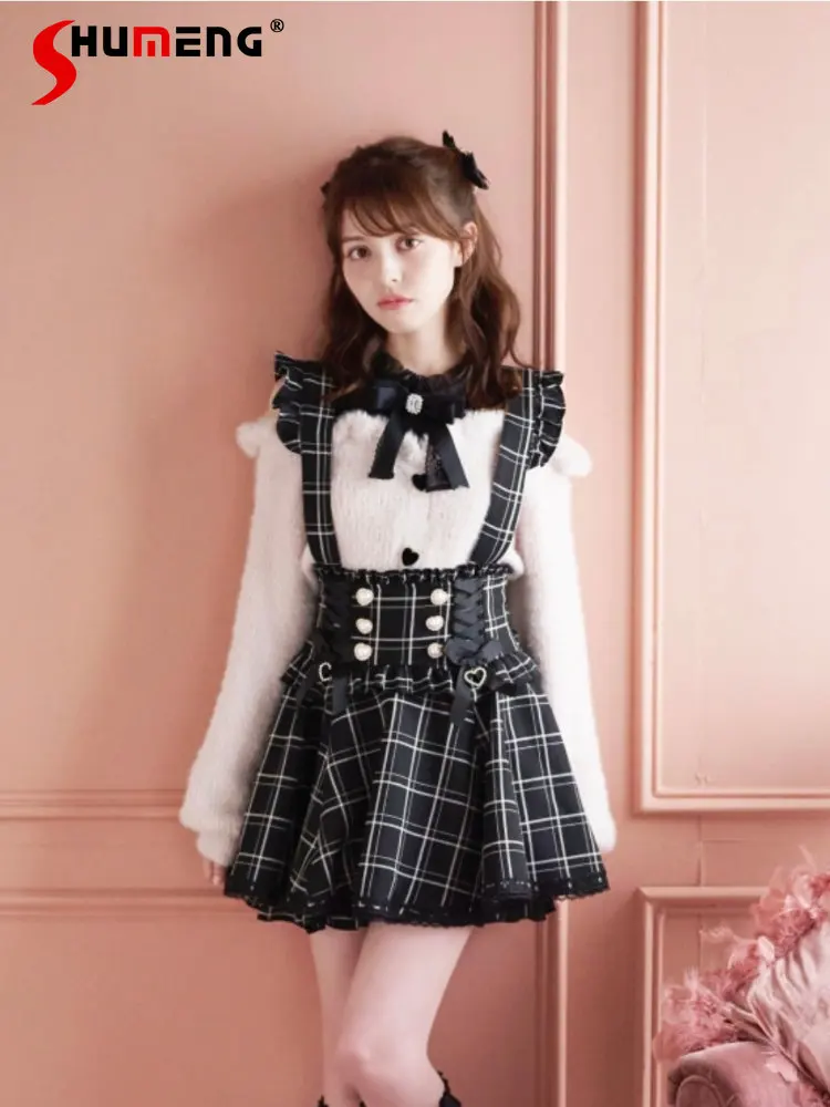 Japanese Style Woman Ribbon Bow Diamond Pearl Buckle Removable Suspender Skirt 2023 Spring New Sleeveless A-line Sling Dresses