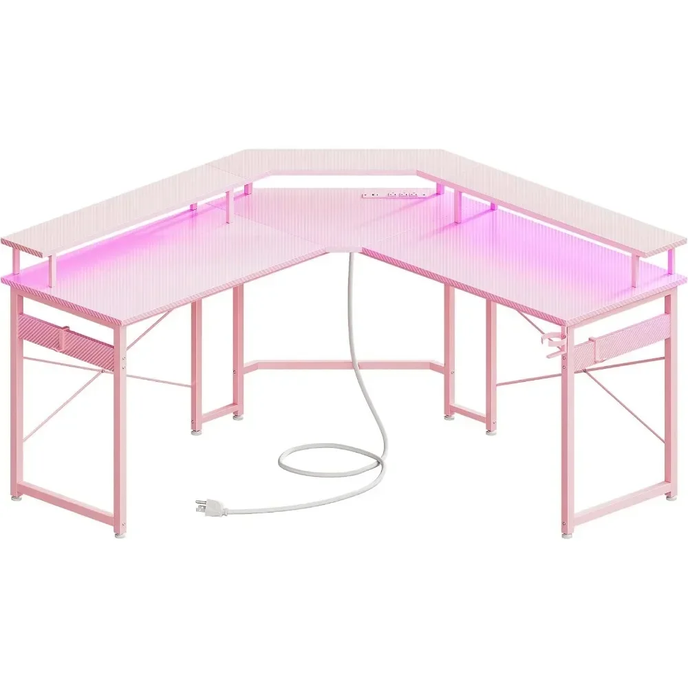 L Shaped Gaming Desk with LED Lights Power Outlets,51