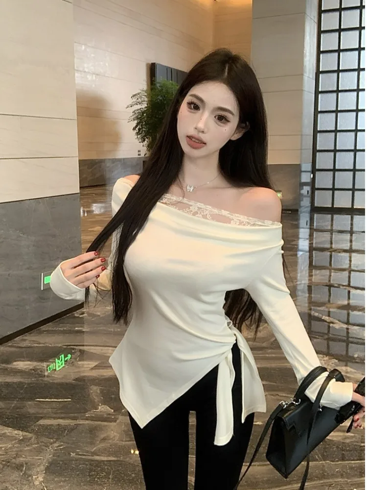 

Fashionable Asymmetrical Shoulder Long Sleeve T-Shirt Women's Early Autumn Pure Desire Side Bow Waist Cinching Top Trendy