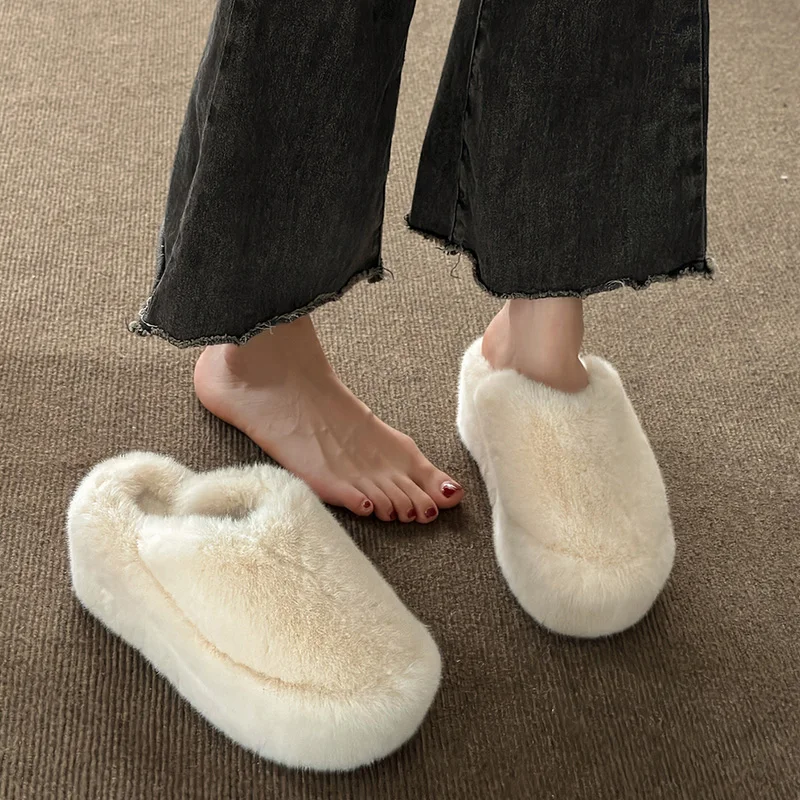 House Slippers Platform Flat Shoes Female On A Wedge Slipers Women Cover Toe Fur Flip Flops Winter Footwear Slides Heeled Mules