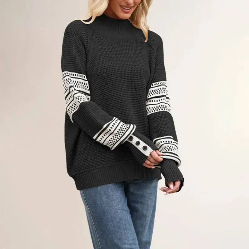 Casual Fashion Style Women Long Sleeves Knitted Sweater Half Turtleneck Stripe Stitching Pullover Top For Autumn