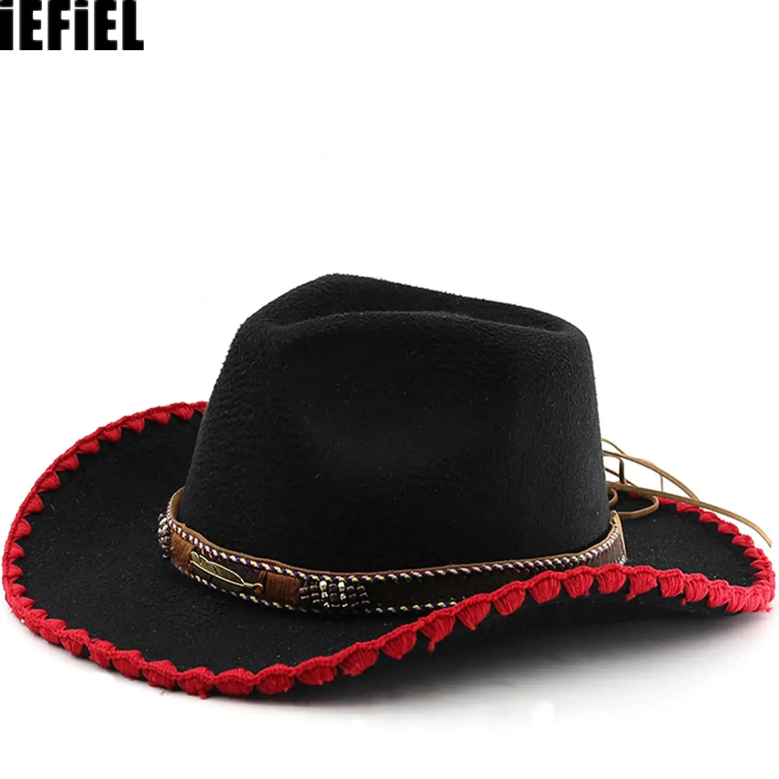 

Adult Vintage Wide Brim Roll Up Cowgirl Hat Western Cowboy Hat for Men Women with Buckle Belt Head Accessories