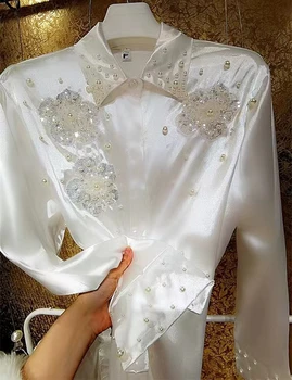 Luxury Style Peals Beaded Sequined Stitch White Blouses Shirts For Women's 2024 Vintage Single Breasted Buttons Up Tops Blusas