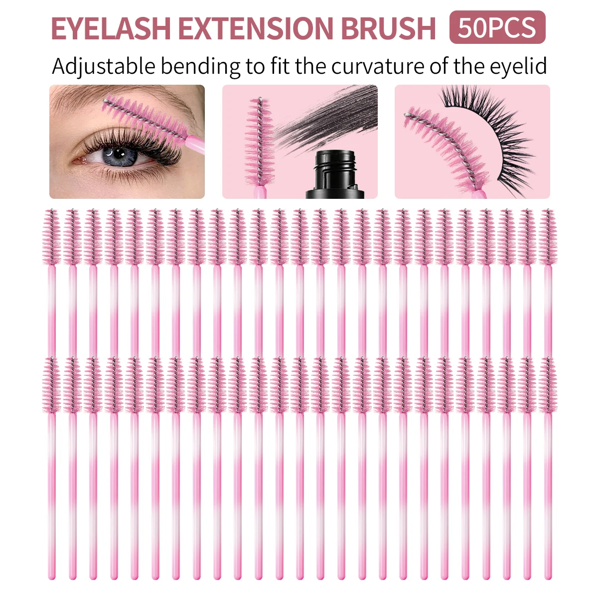 50PCS Disposable Mascara Wands, Pink Spiral Eyelash Brushes with Soft Durable Hair, Bendable Wands for Lash Extension & Eyebrow