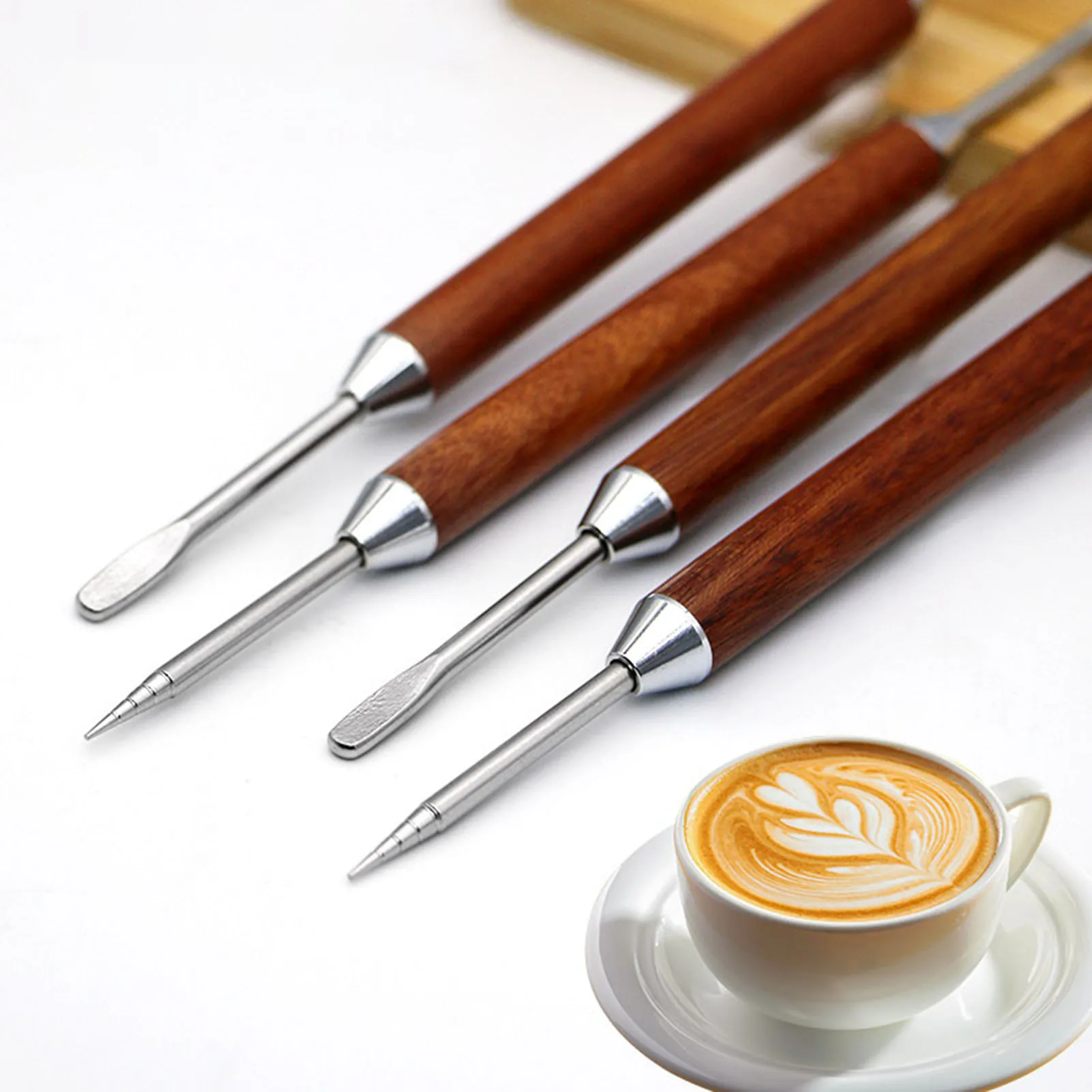Professional Latte Art Needle Pear Wood Handle Coffee Etching Tool for Milk Foam Drawing Espresso Cup Decoration