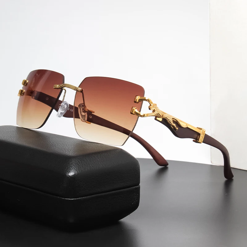 

Luxury Rimless Square Sunglasses Man Brand Designer Metal Leopard Fram Gradient Sun Glasses Woman Fashion Vintage UV400 Eyewear