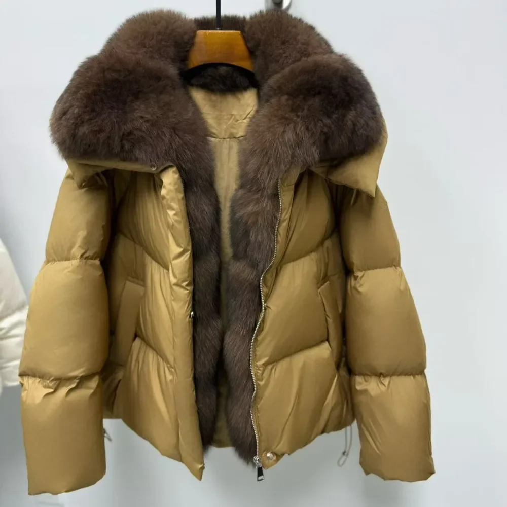 

Winter Real Natural Fox Fur Collar Warm Loose Women 90% White Duck Down Jacket High End Thickened Down Coat Short Puffer Coat