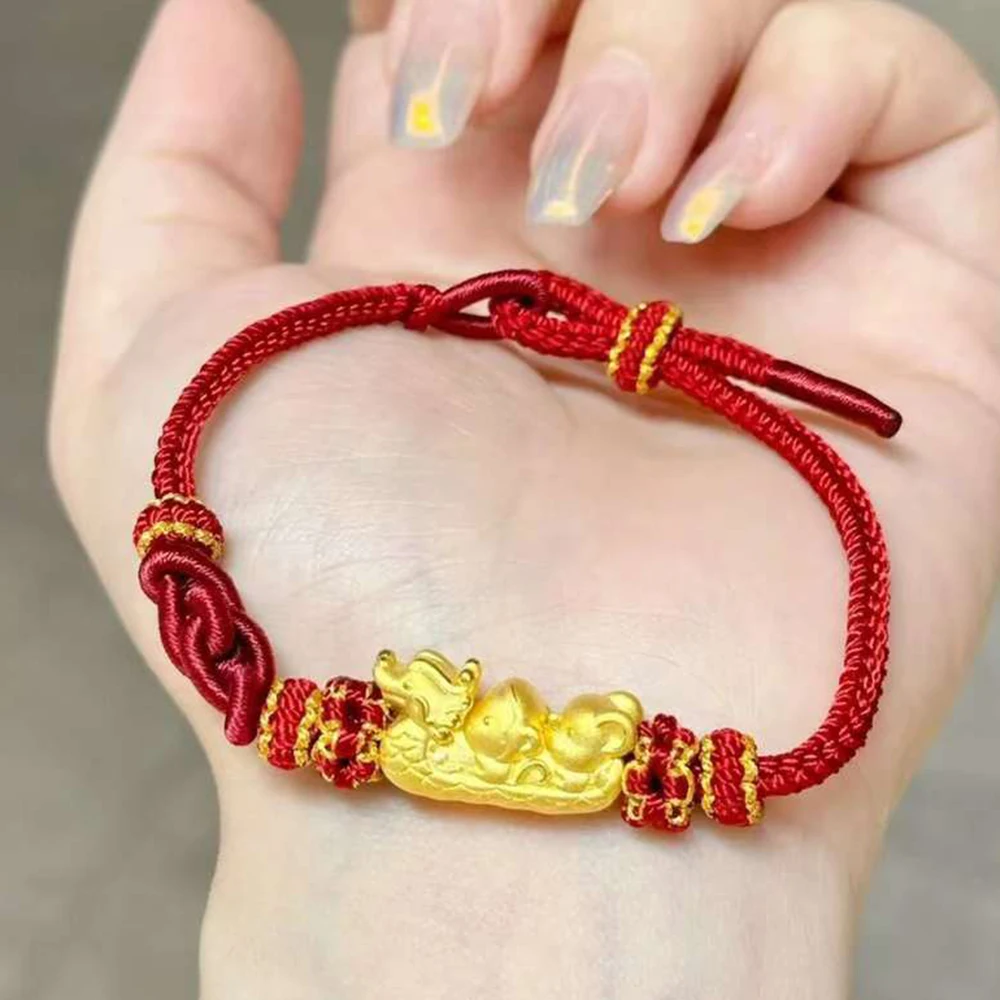 1pcs Pure 24K Yellow Gold Bracelet For Women Men 3D Zodiac Mouse Monkey Dragon Boat Weave Bracelet