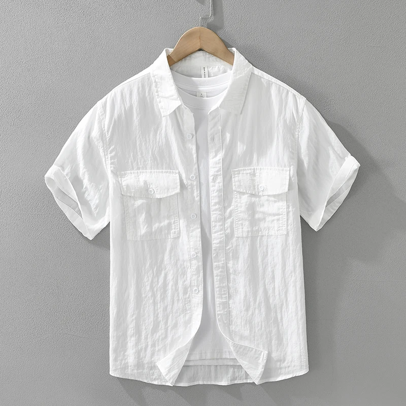 2026 Summer New Pure Cotton Lyocell Cargo Short Sleeve Shirt for Men Multi-pockets Turn-down Collar Shirt
