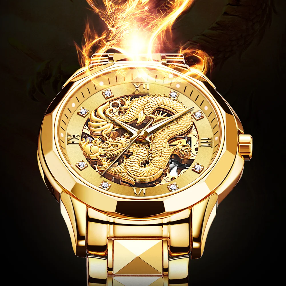 JSDUN Watch for Men Luxury Diamonds Gold Watch Dragon Design Skeleton Tungsten steel Waterproof Automatic Mechanical Watch 8840