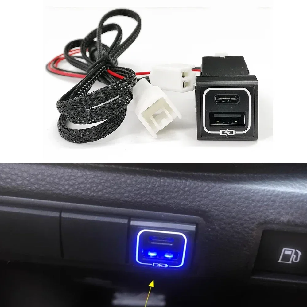 Compatible For Toyota Prado Corolla RAV4 Camry HIACE Blue Light Car Charger PD QC3.0 USB Interface Socket