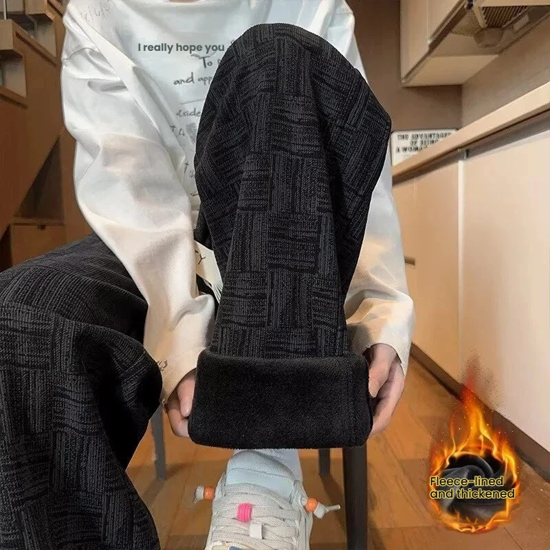 

Pants men's autumn and winter plus velvet American loose straight casual trousers trendy drawstring ins trendy sports pants