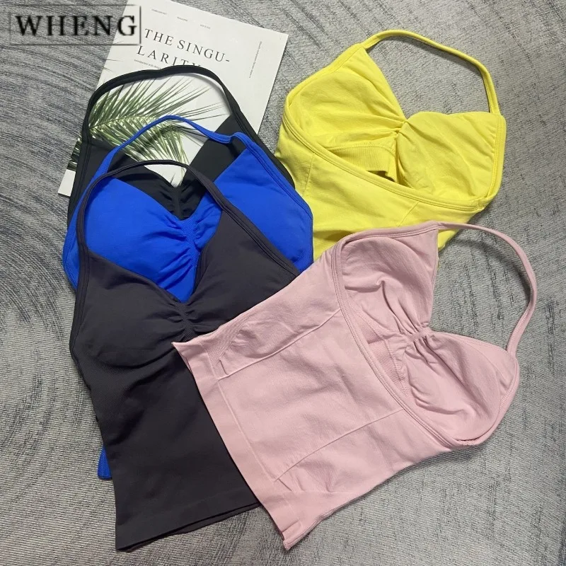 

WHENG Longline Strappy Gym Top Backless Clothes Women Scrunch Bra Removable Cups Yoga Tank Workout Outfits Tops Sports Vest