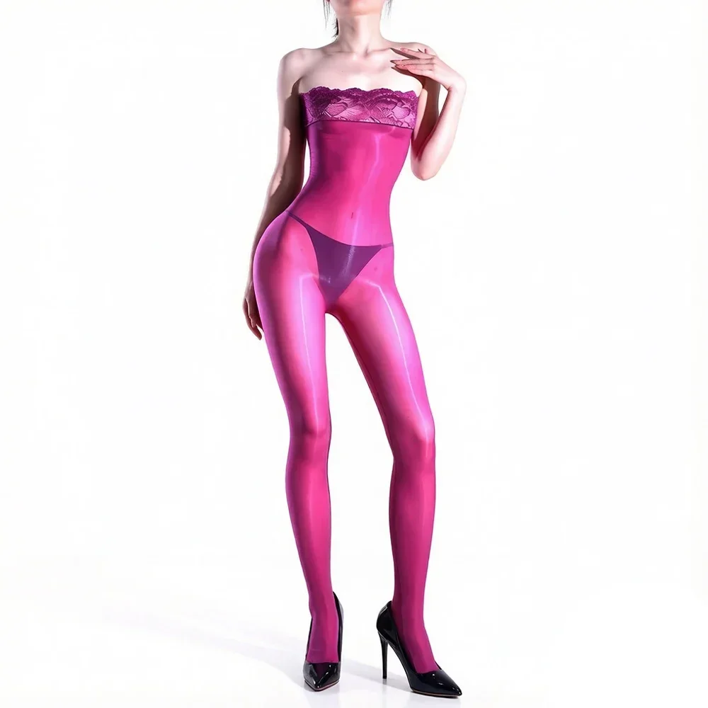 Women Strapless Jumpsuit Off The Shoulder Lace Tube Bodystockings Silky Ultra-Thin Perspective Open Crotch Lingerie Bodysuit