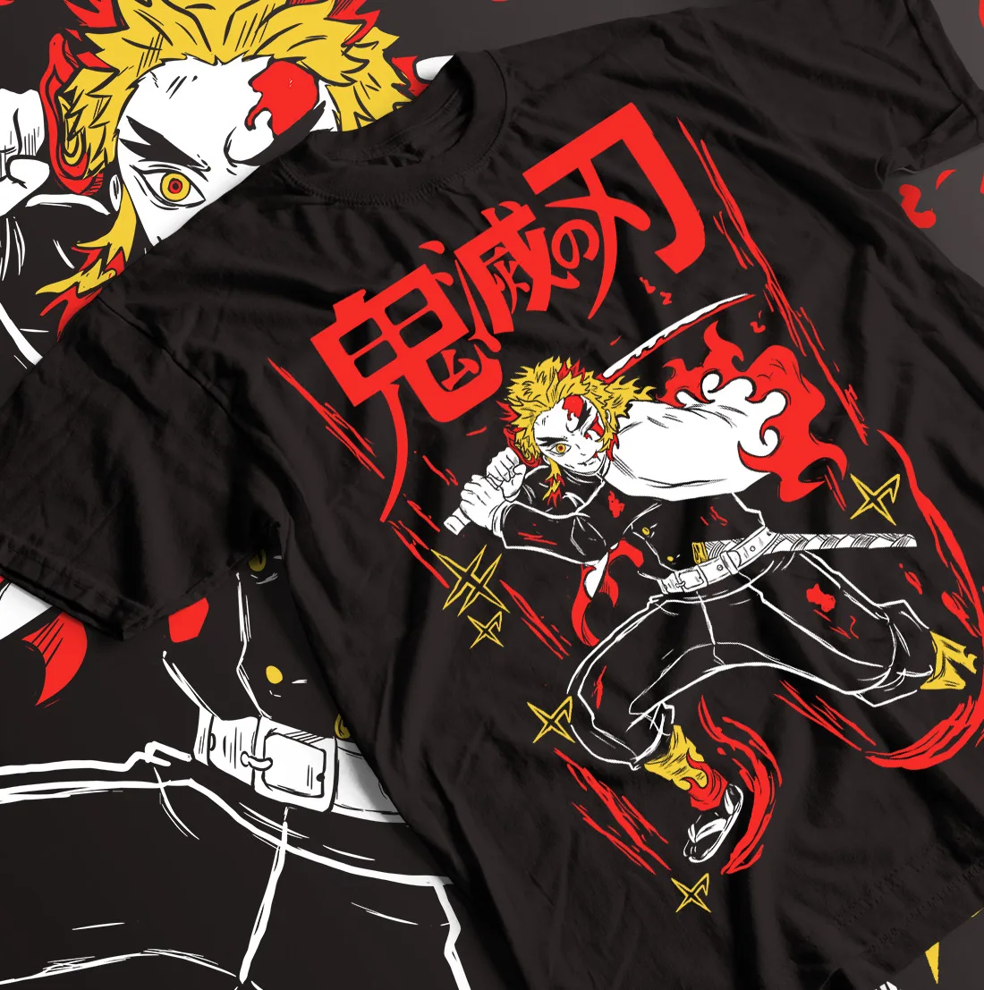 Kyojuro Rengoku T-Shirt Kimetsu no Yaiba Anime Demon Slayer Black Shirt All Size