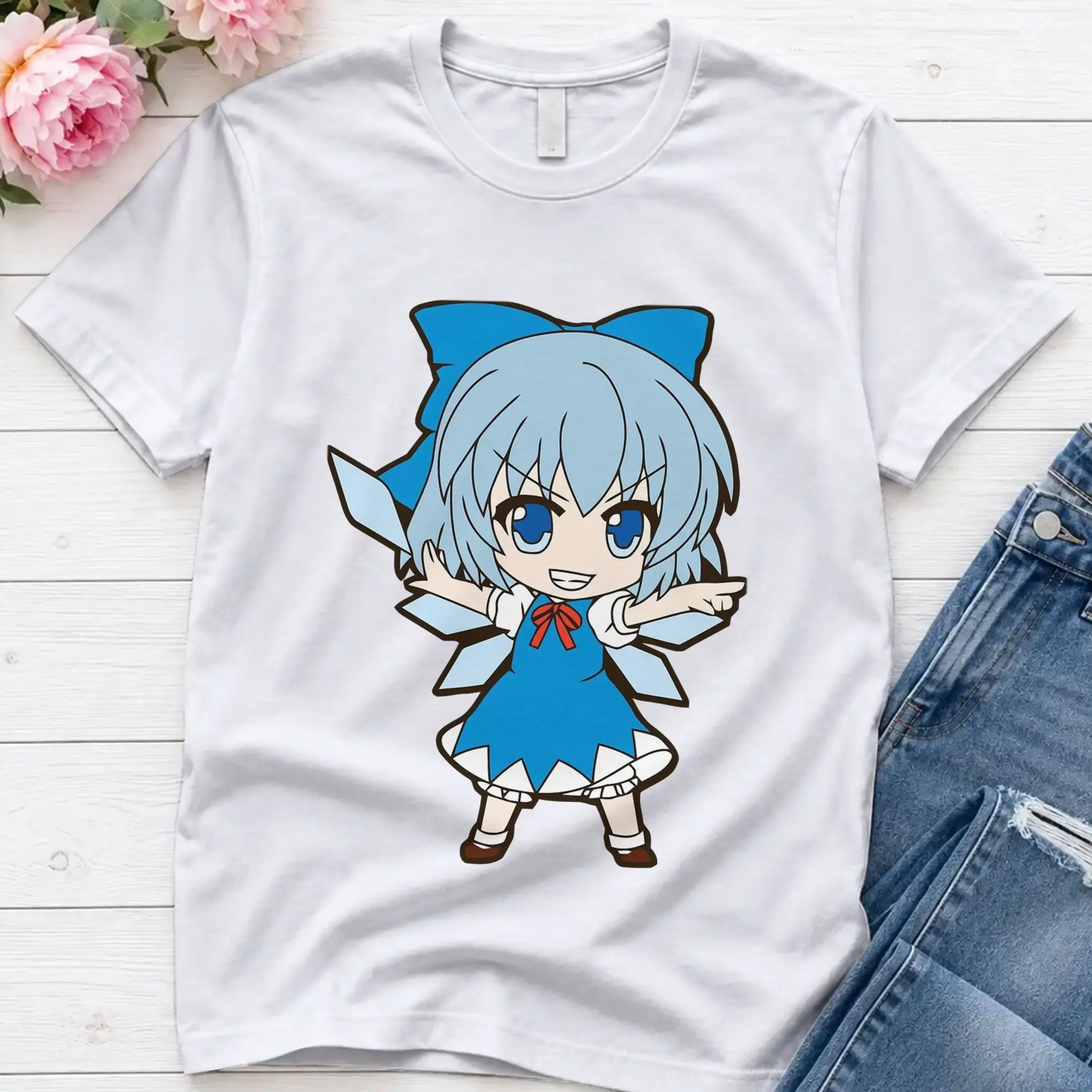 Cirno Chibi  T-Shirt Beach Touhou Project Cotton T Shirts For Men Fashion Casual Tee Shirt Short Sleeves Street Style Tees