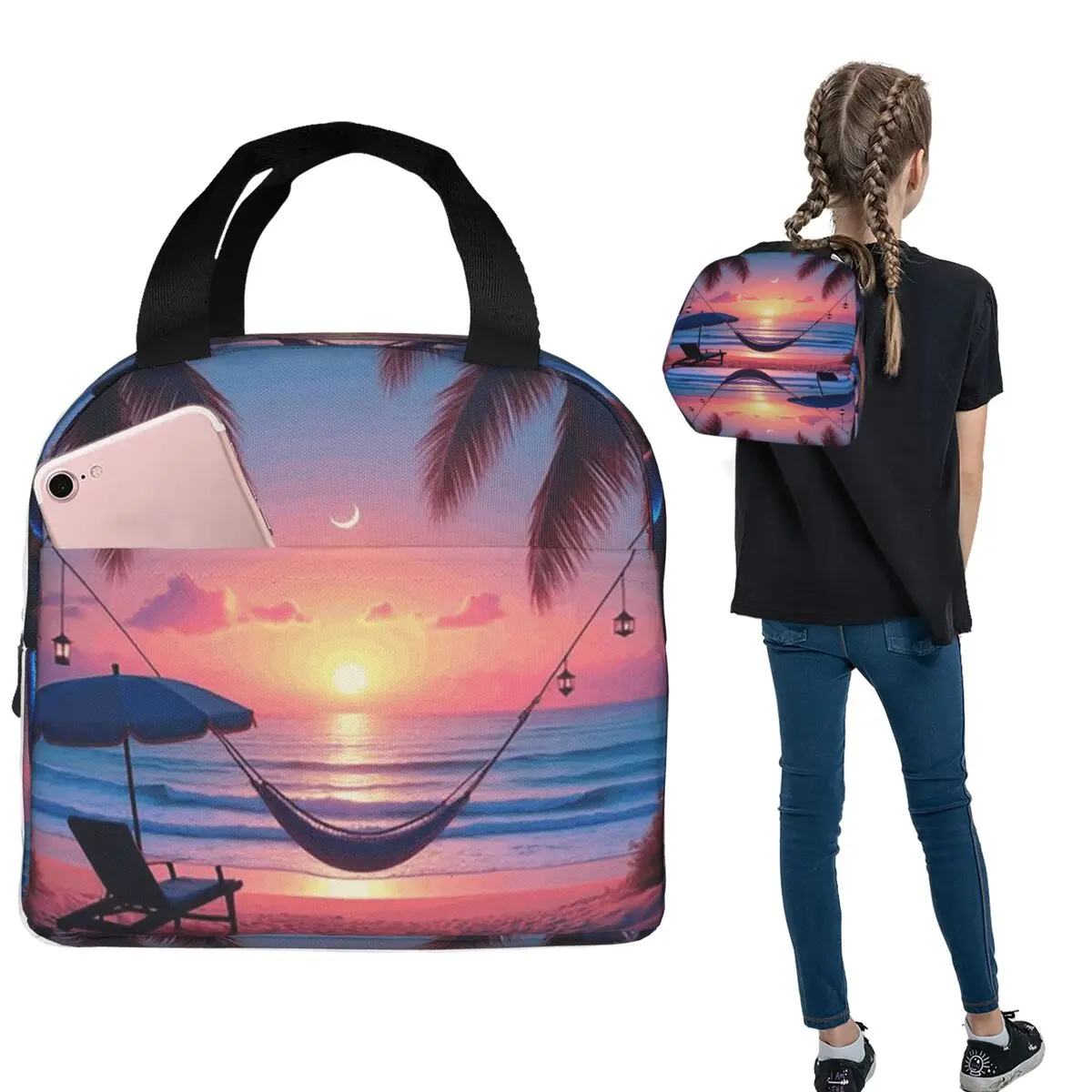Isolierte Lunchtasche mit Strand-Hängematten-Muster für Damen und Kinder, tragbare Lebensmittelboxen, Thermo-Lunchbox-Tragetasche