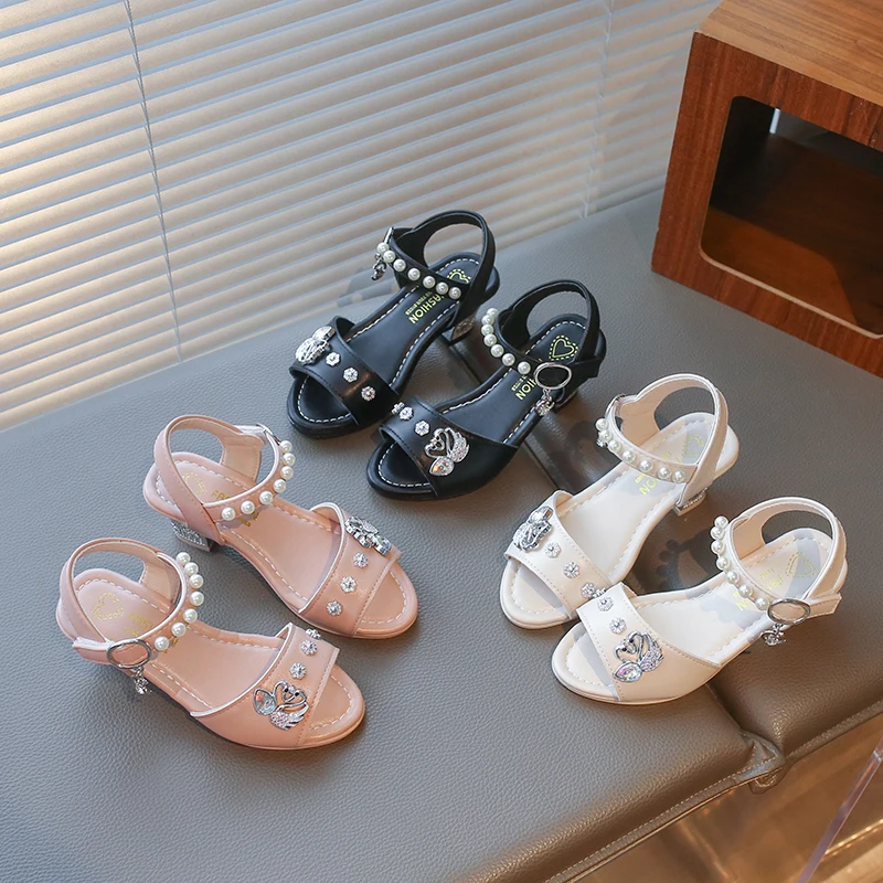 Little Girls Glitter Beaded Strappy Leather Sandals 2026 New Summer Toddler High Heels Sandals Non-slip Comfort Trendy Dress Up