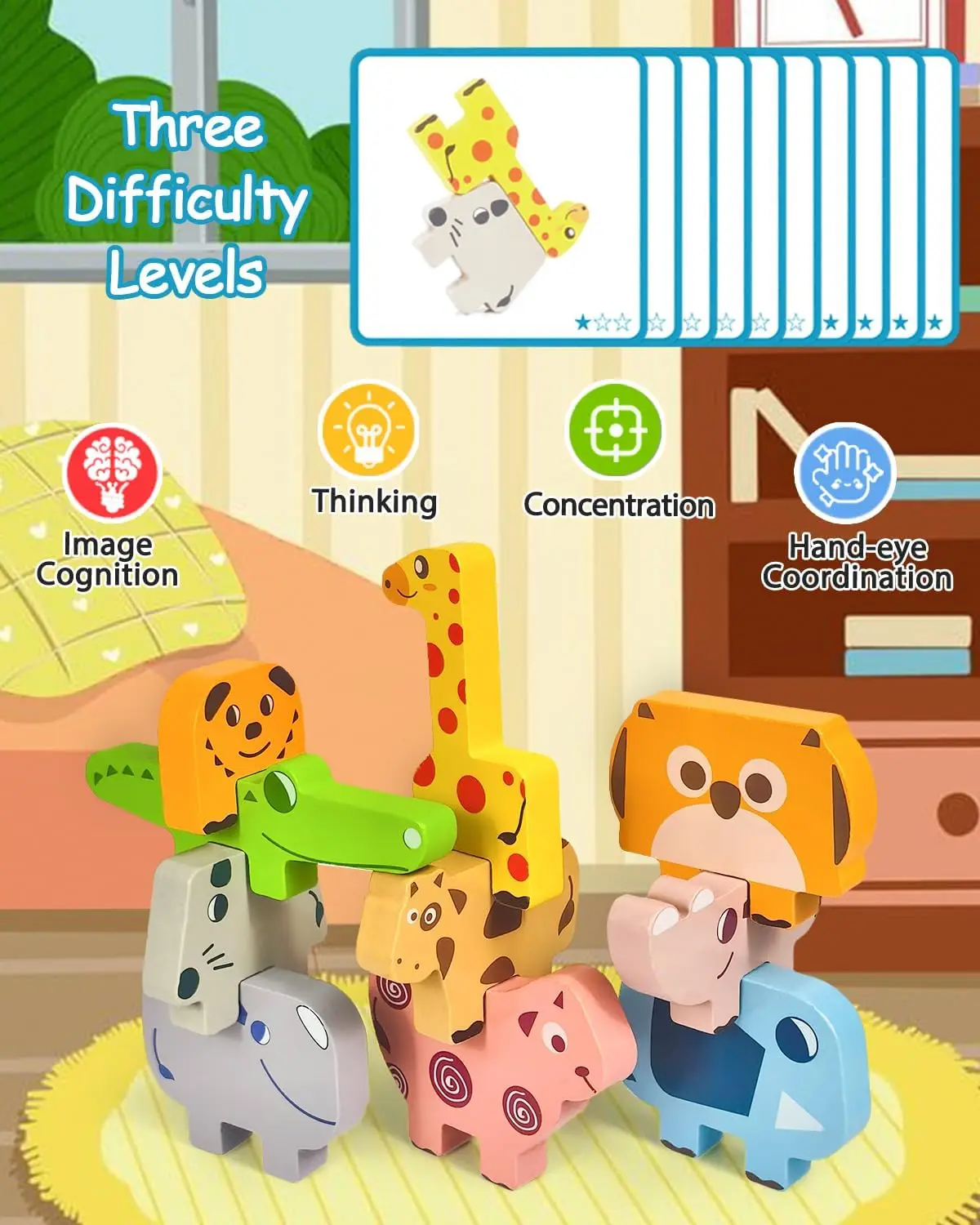 Brinquedos montessori para meninos e meninas de 1 2 3 4 anos, brinquedos para crianças de 2 a 4 anos, pacote com 10 blocos de animais de madeira, classificação e empilhamento, educação