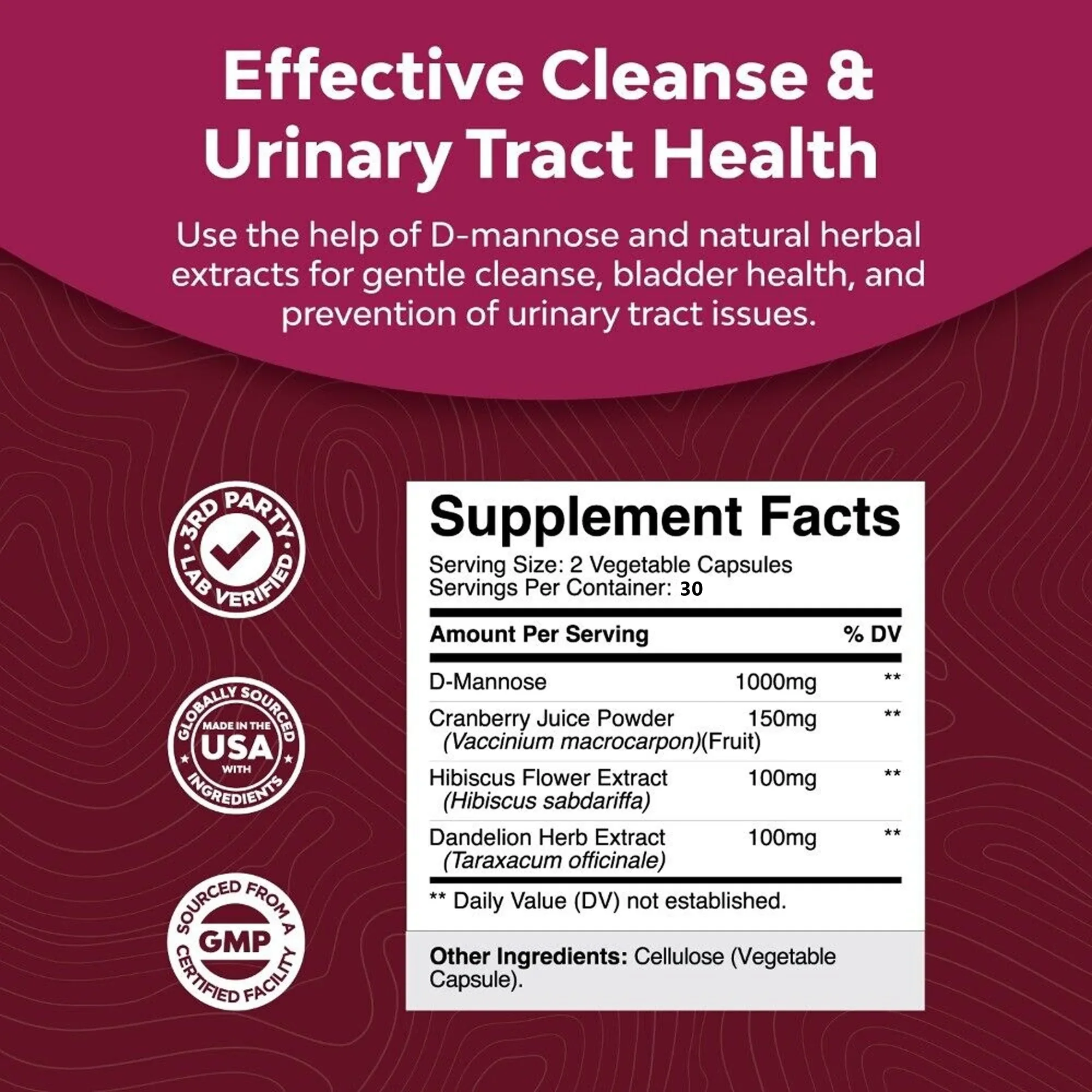 D-Mannose with Cranberry & Hibiscus Extract Capsules, Support Urinary Tract & Bladder Wellness, Natural Internal Cleansing