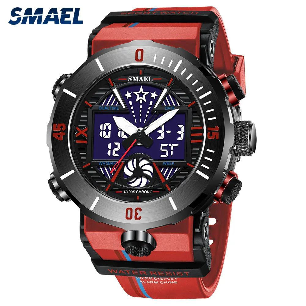 SMAEL Digital Watches for Men Waterproof Chronograph Quartz Electronic Military Sport Wristwatch with Date Week Alarm 8051 Red