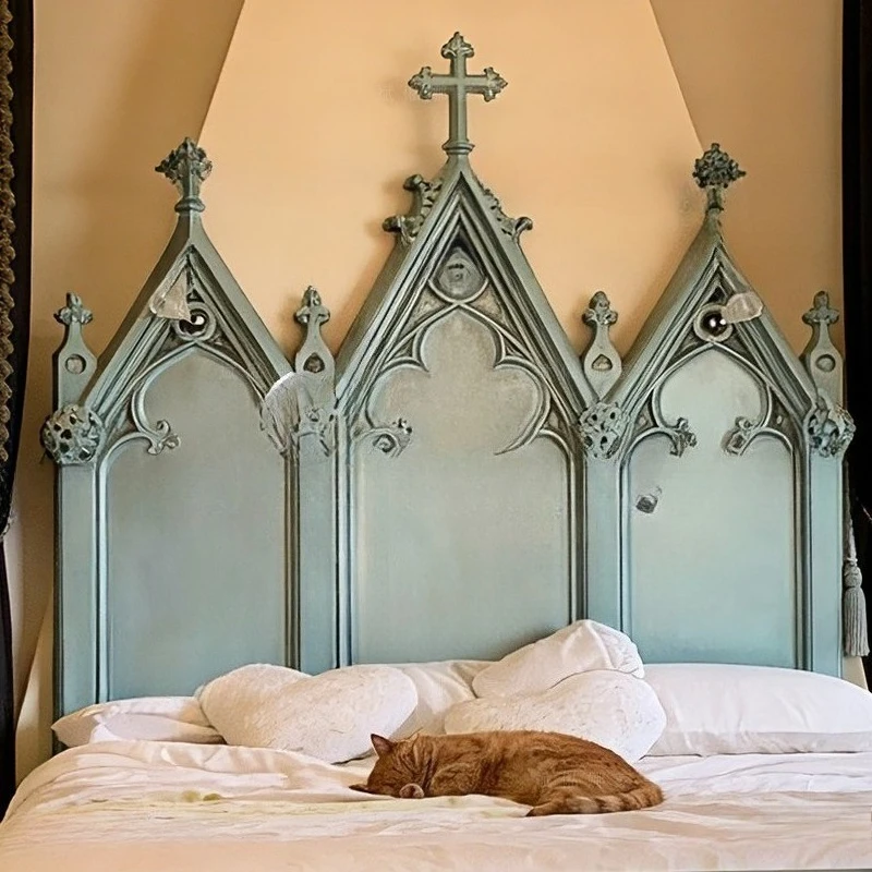 French Retro Solid Wood Blue Double Bed Medium Antique Old Paris Master Bedroom 1.8 Meters Wedding Bed