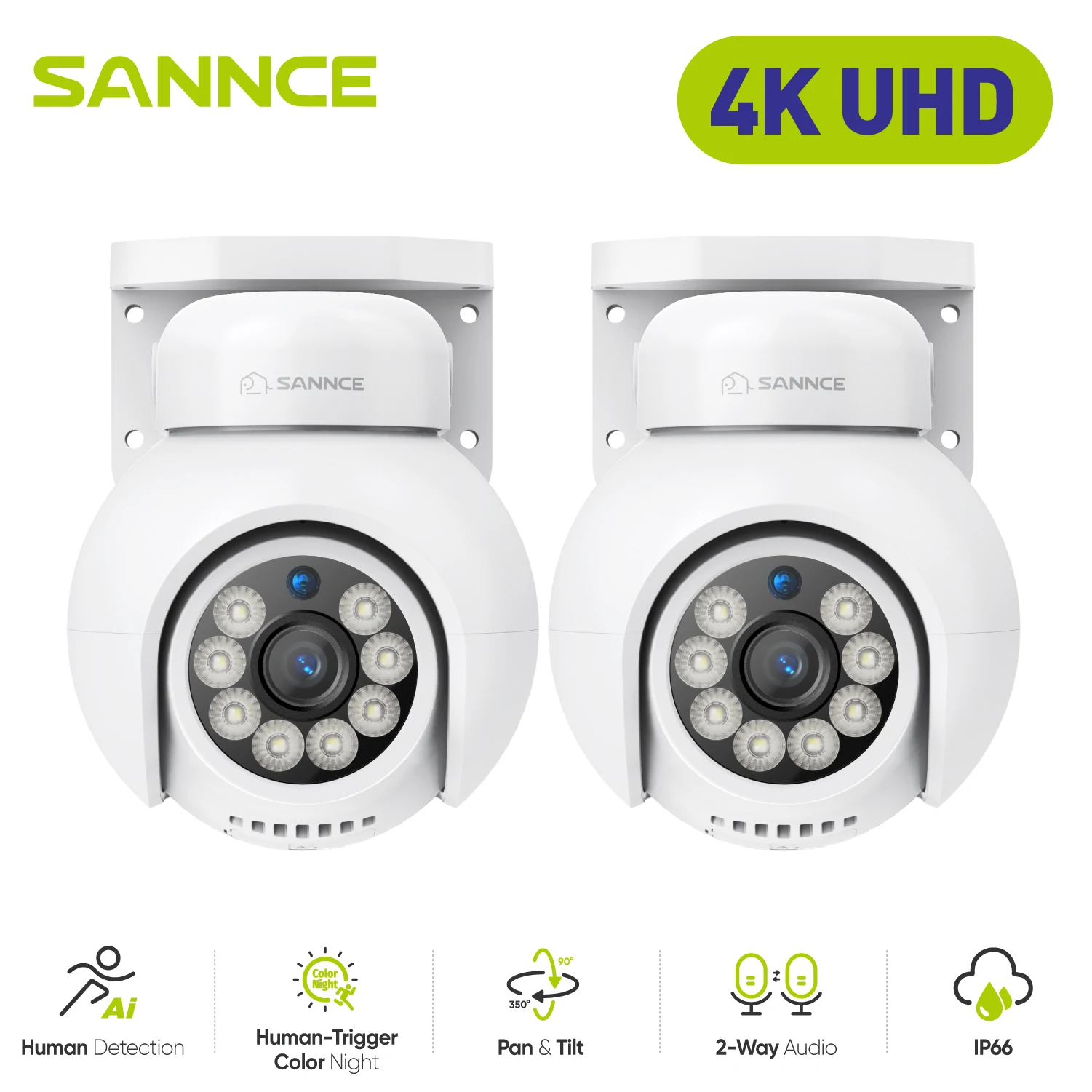 Sannce-cámara de seguridad IP para videovigilancia, videocámara 2 piezas, 4K, POE, H.265, detección humana, seguimiento inteligente a todo color, Onvif, 8MP