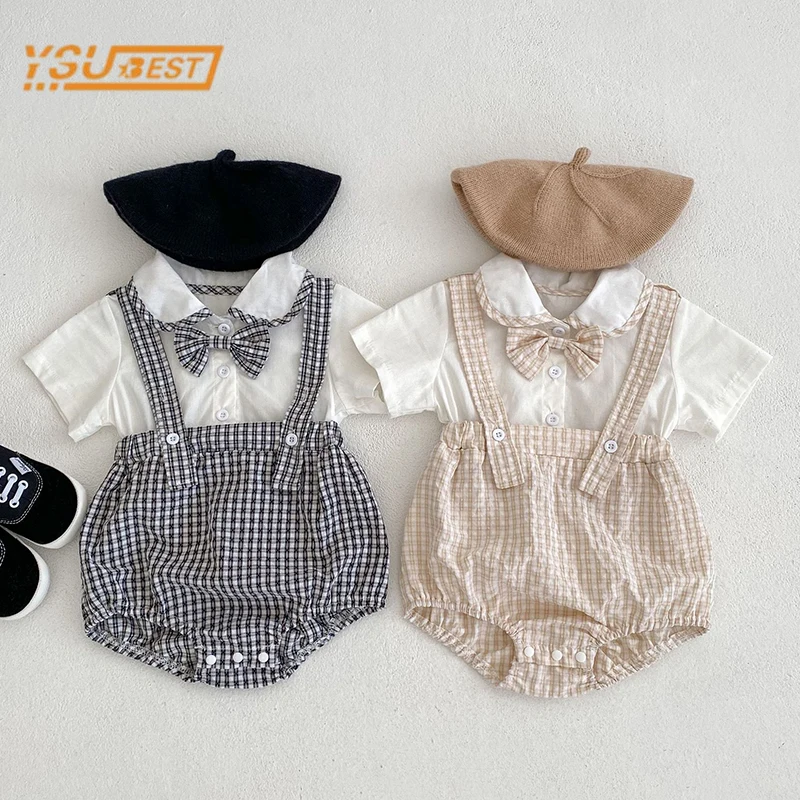 Infant Baby Boys Girls Short Sleeve Fake Two Clothing Rompers Summer Baby Girls Boys Grid Children\'s Clothes Rompers