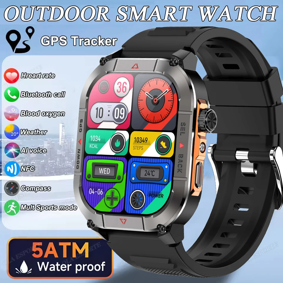 

Ola Esporte Военные Смарт-часы 2025 Новые GPS NFC Часы HD BT Компас Вызов Высотомер Глубокий Водонепроницаемый Монитор здоровья Смарт-часы