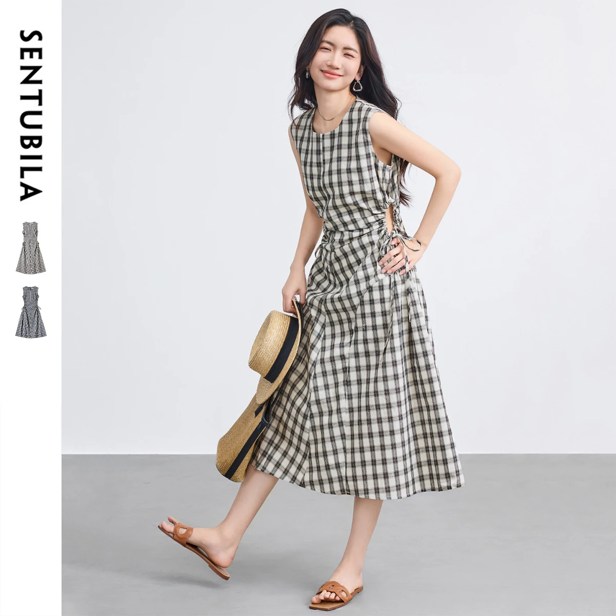 SENTUBILA Women's Summer Tank Dress 2026 Sleeveless Drawstring Waist Hollow Black White Plaid Dresses Casual Clothing W52LP2473