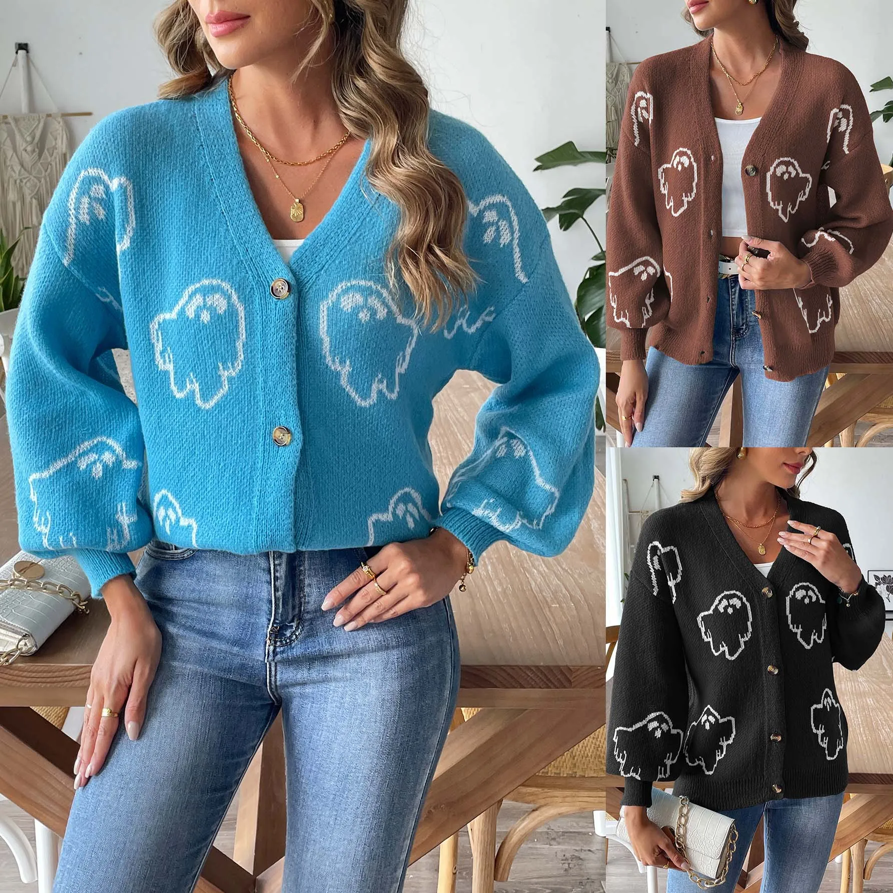 

Halloween sweater jacket women's loose casual button sweater cartoon jacquard cardigan women M686