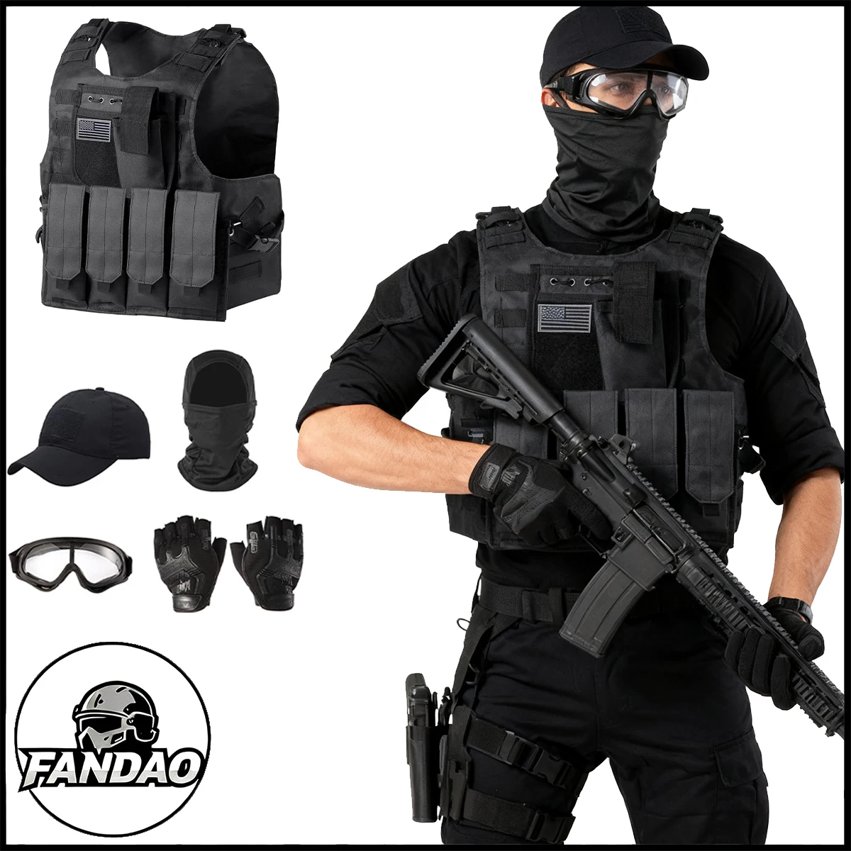 Tactical Hunting Vest Set for Men Airsoft Paintball Shooting Protective Equipment Includes Hat Balaclava Mask Gloves Goggles