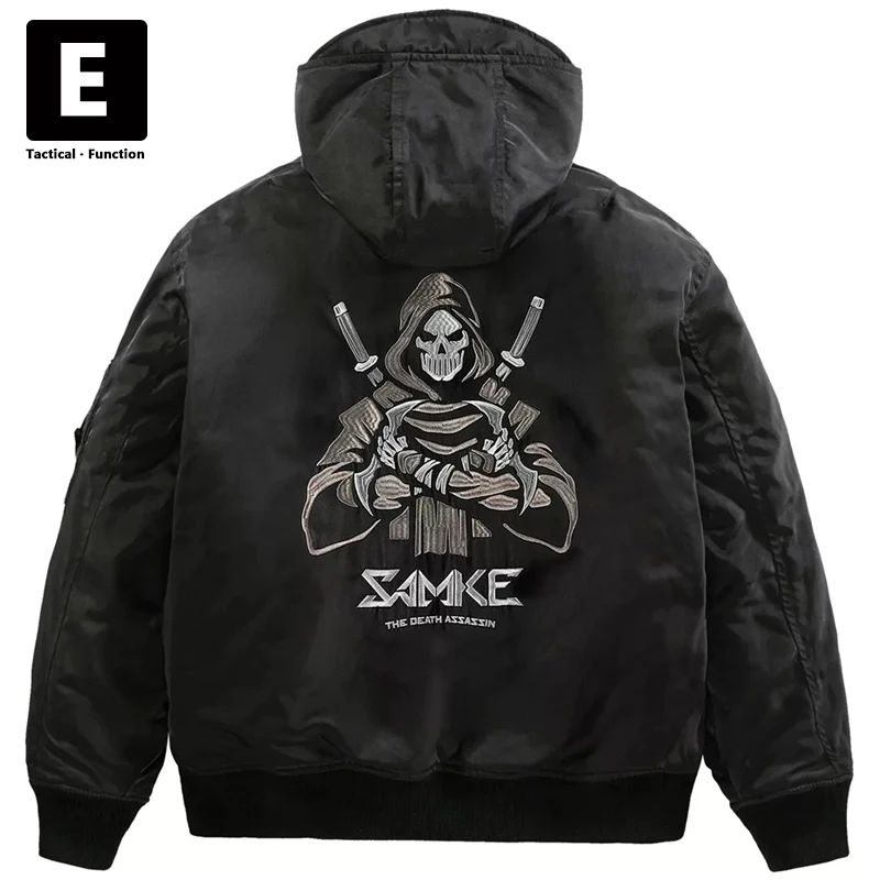 Ninja Death Embroidery Jacket Coat Men Winter Parka Techwear Thick Jacket Windbreaker Black Ninja Cargo Jacket Coat Male