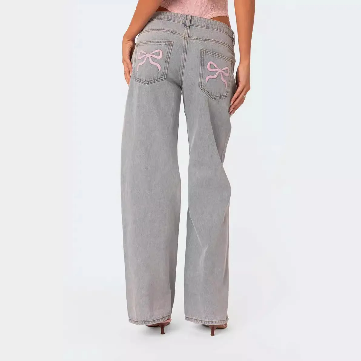 Spring 2025 women's bow ballet style embroidered denim wide leg pants washed and worn pants