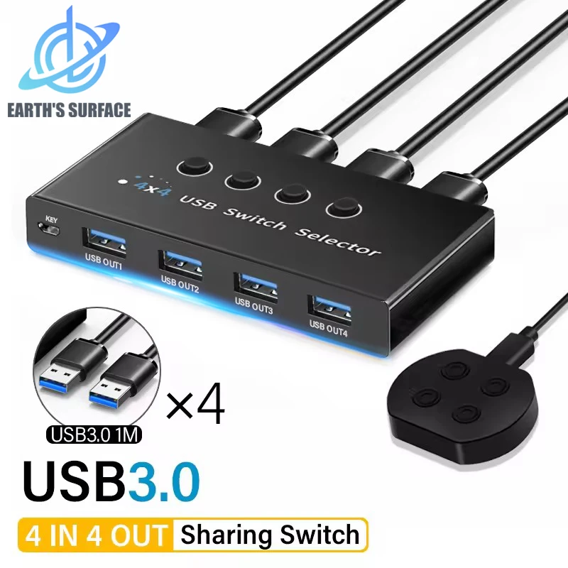 4 In 4 Out KVM USB3.0 Switch Shared Controller Hub Adapter USB2.0 Printer Splitter Switcher for PC Laptop Keyboard Mouse Monitor