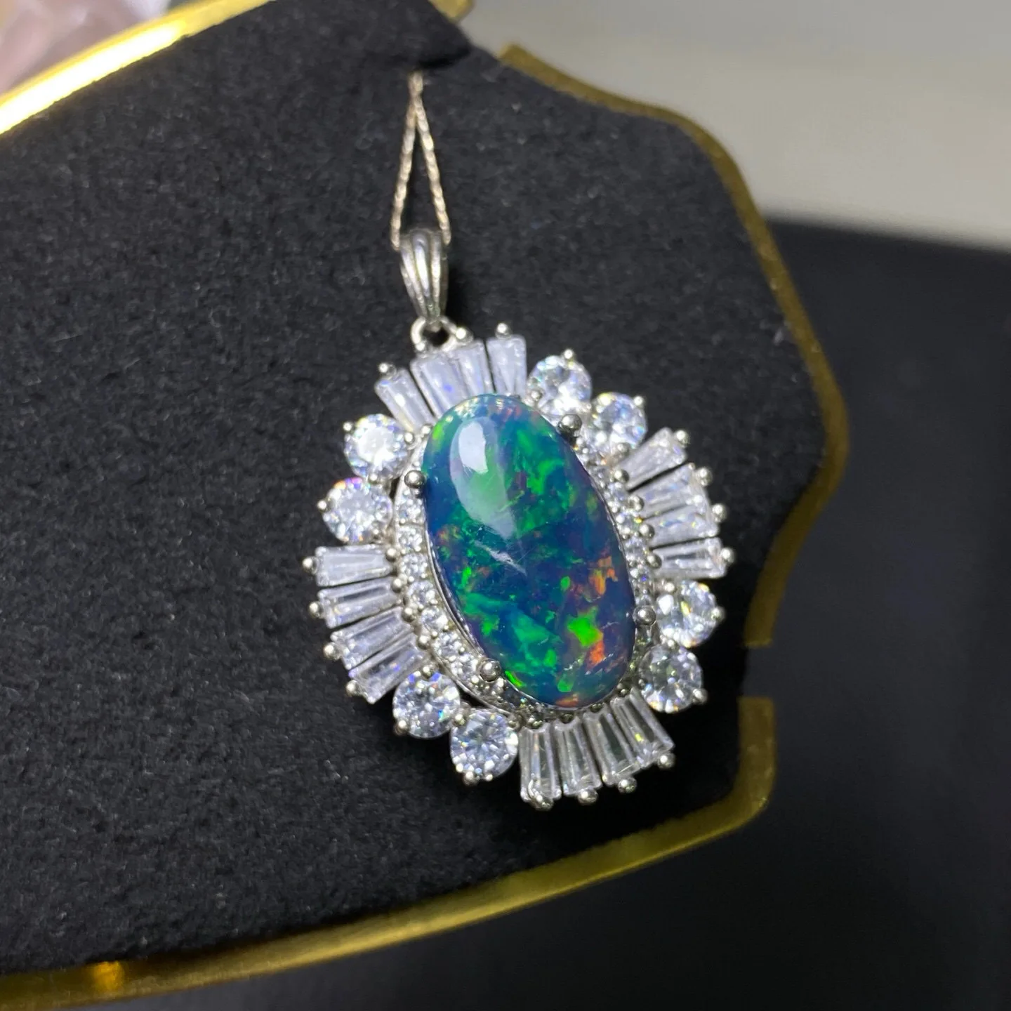 

925 Silver Natural Black Opal Pendant, 10x17mm Cabochon with Superb Play-of-Color, Loose Gemstone Necklace（free Silver Chain)