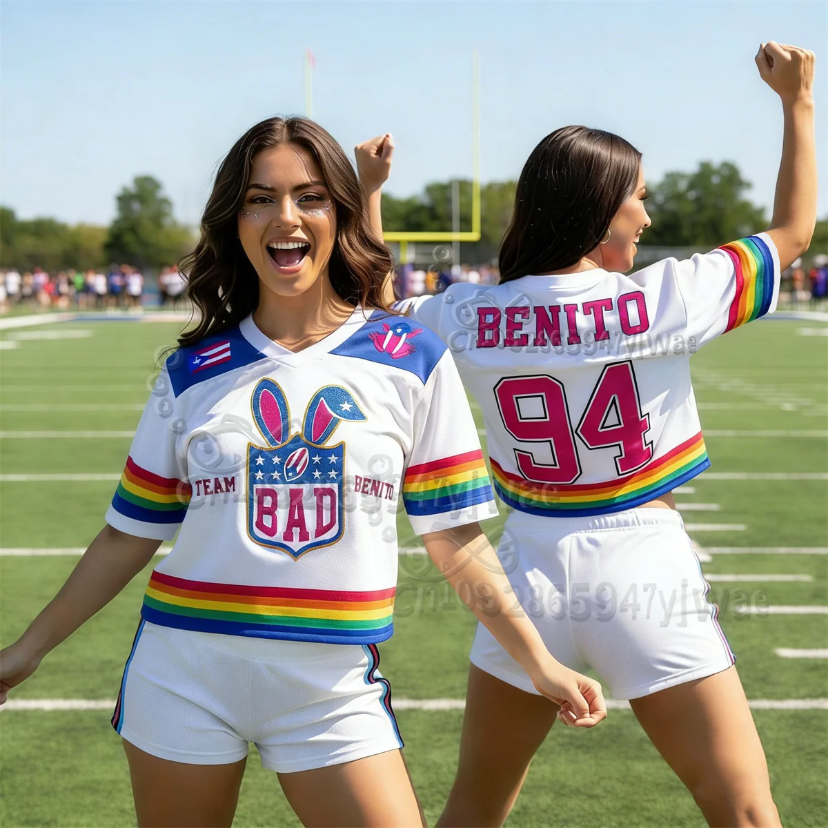 Camiseta de Fútbol Americano Benito Bowl Top Mesh con Bandera de Puerto Rico, Cuello en V, Moda Urbana, Manga Corta, Verano, para Mujer