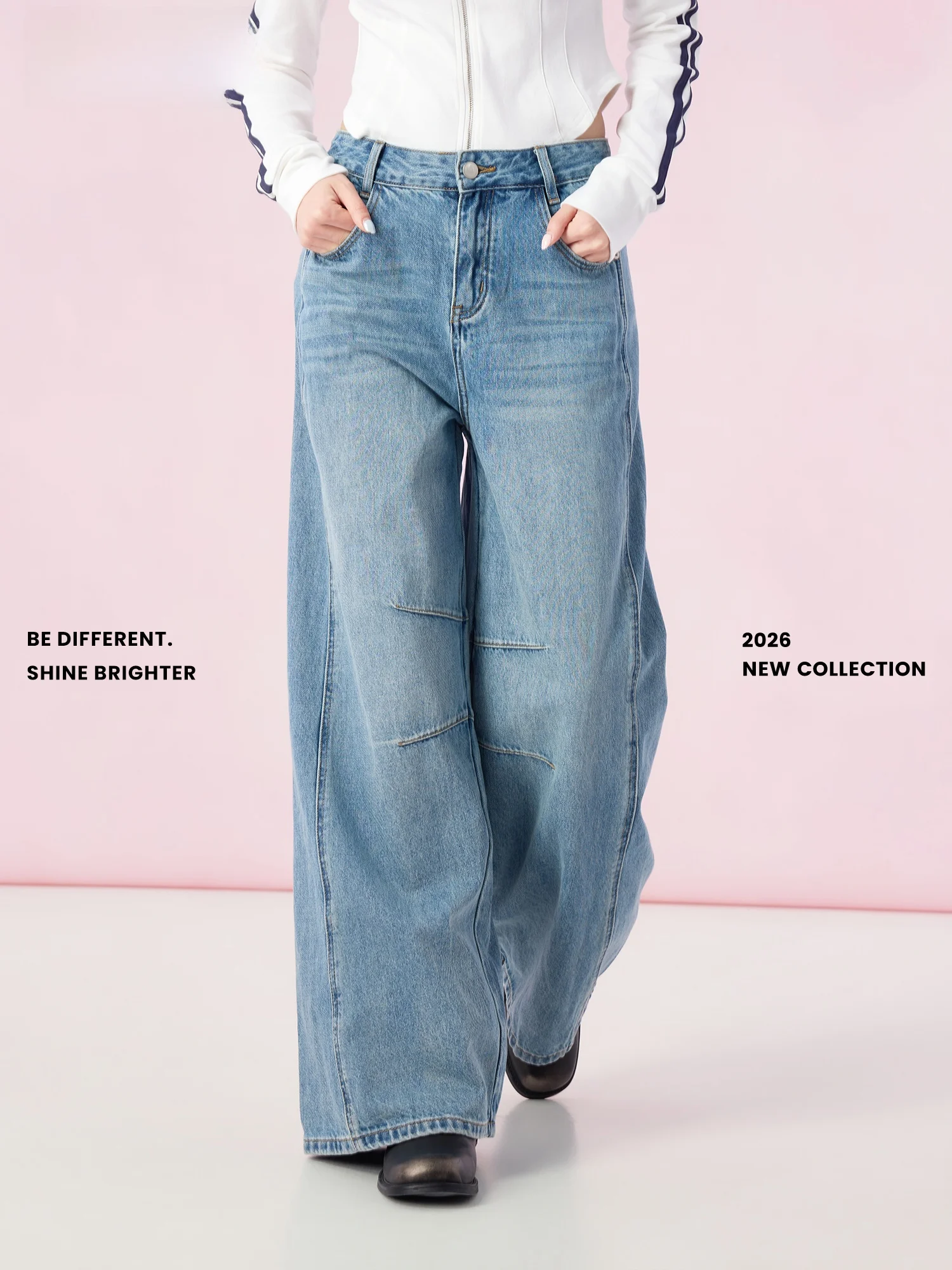 

Summer Blue Wide Leg Jeans Loose Fit Stitching 3D Effect Casual Fashion Ladies Jeans Natural Waist Cotton Button Closure