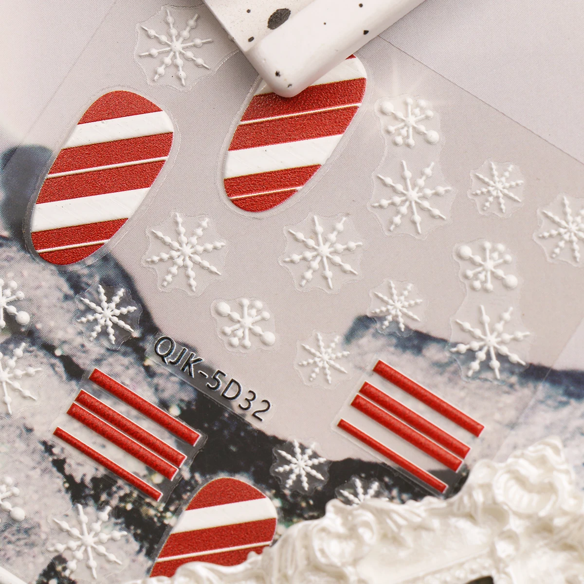 2/3/4PCS 5D Embossed Christmas Nail Stickers Set Red White Stripe Snowflake Icicle Bear Candy Cane Winter Holiday Nail Supplies