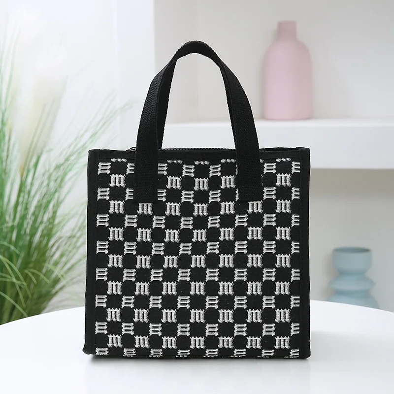 Large-Capacity Top-handle Bag with Grid Pattern, Suitable for Women to Carry Lunch Box, Fashionable and Versatile Canvas Bag