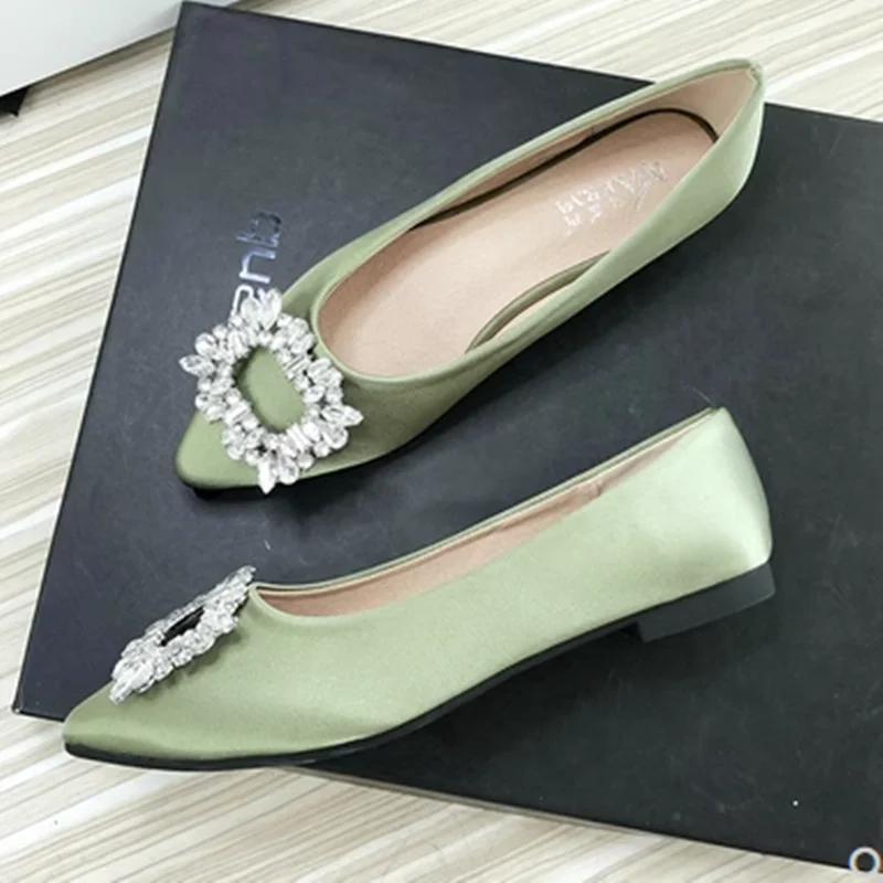 Women Green Blue Shoes Silk Null Plain Flats Pointed Toe Slip-On With Crystal Buckle Shallow Mouth Cute Retro Tacons  32-48 28cm