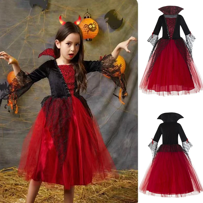 

Girl Vampire Halloween Dress for Kid Ghost Bride Cosplay Vampire Costume Dress for Kids Carnival Party Outfit Black Red Clothes