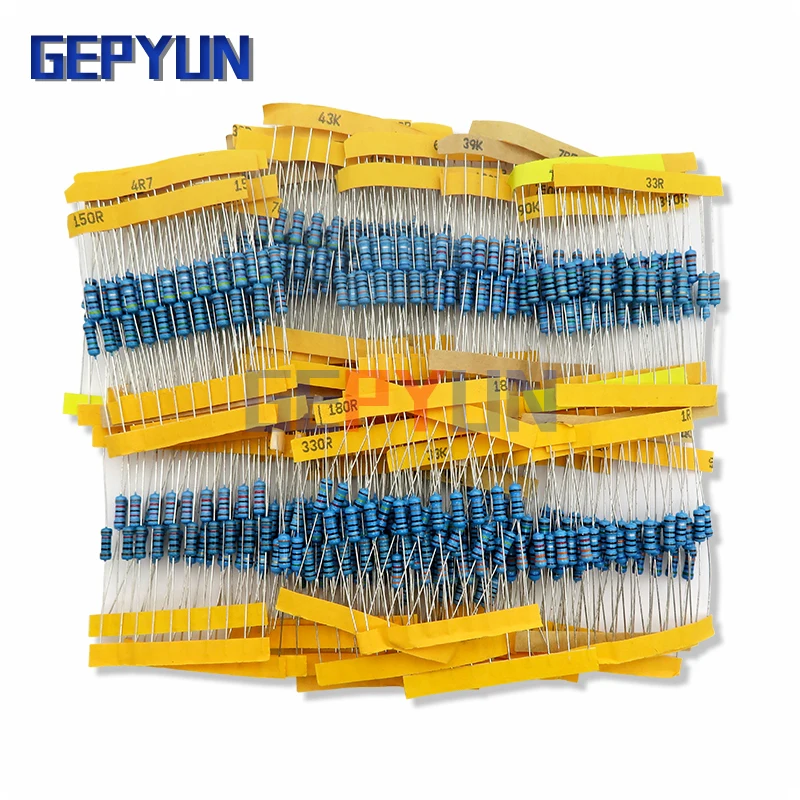 

1100pcs/lot 1/2W 1M Metal Film Resistor Assorted Kit 1R/2.2R/3.3R/4.7R/100R/100K/470K/10M/1M/2M ohms Metal Film Resistors Set