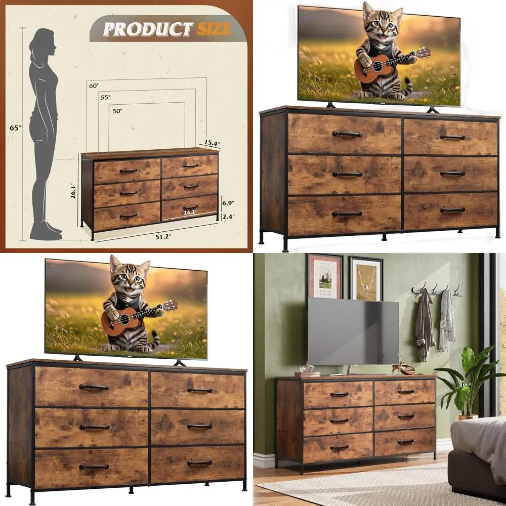 

6-Drawer Fabric Bedroom Dresser, Wide Rustic TV Stand for 50-60 TVs, Deep Drawer Chest for Various Rooms