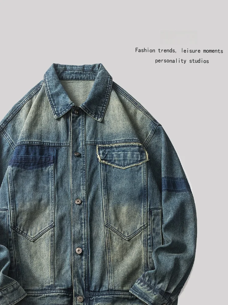 

ANXIE Denim Jaet ex Casual High Street Color Blo Spring Autumn Loose Fit Collarl Coat for Men And Women