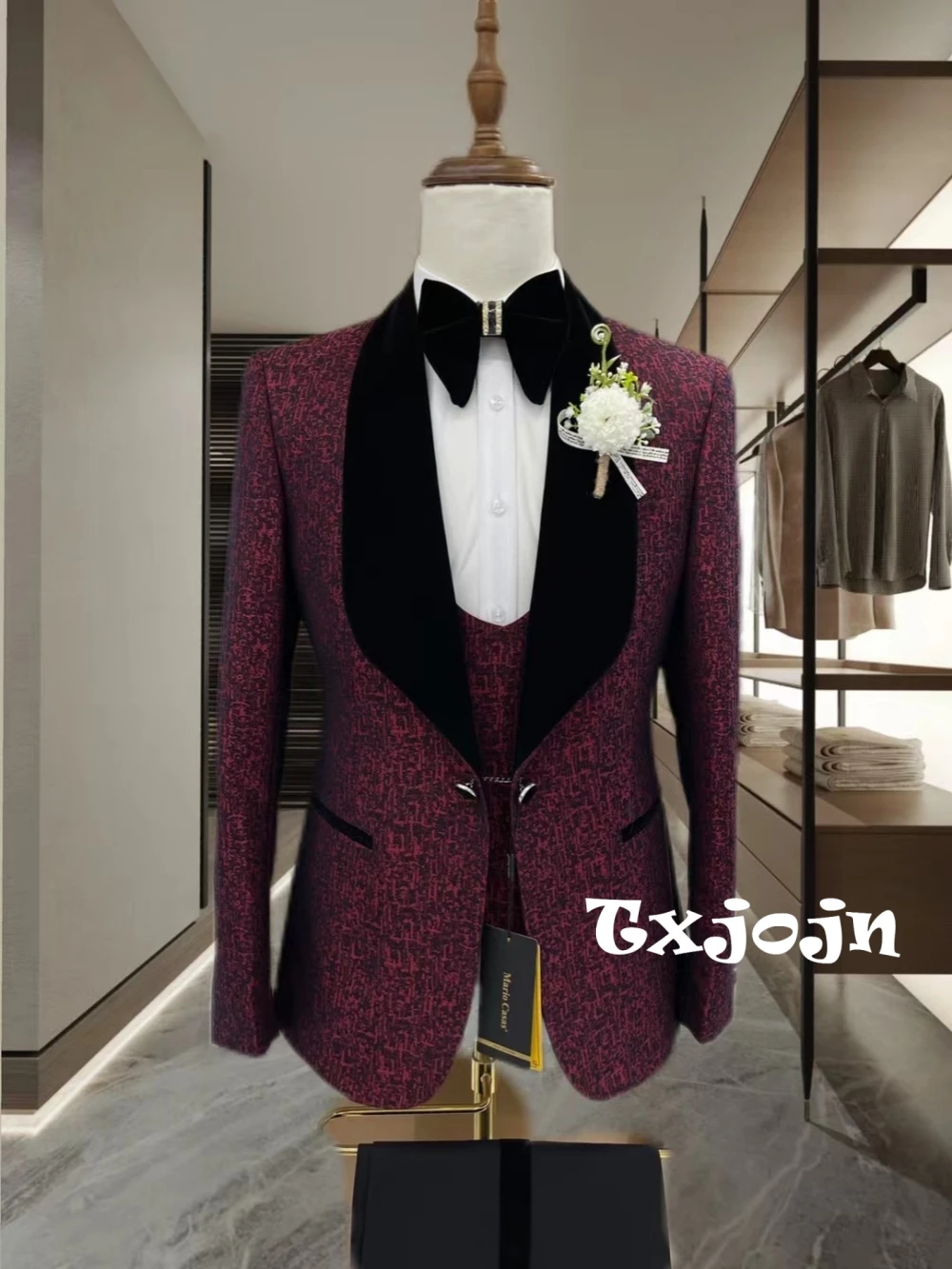 

Hot Sale Jacquard Shawl Lapel Men's Suit Set For Wedding Birthday Prom Wear Wine Red Slim Fit Suits Stage Performance Customized